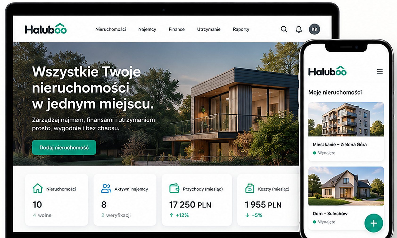Haluboo na laptopie i w telefonie: lista nieruchomości, liczba najemców, przychody i koszty z miesiąca