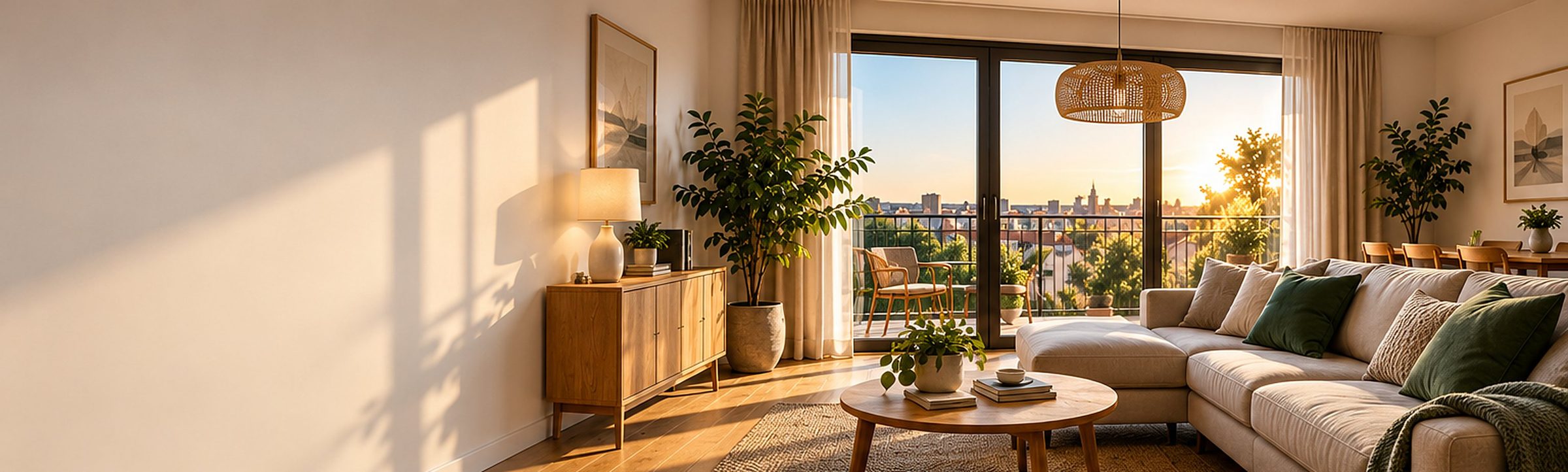 Salon wynajmowanego mieszkania z widokiem na balkon i miasto o zachodzie słońca